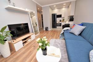 uma sala de estar com um sofá azul e uma televisão em Loft Apartament 1 em Gorzów Wielkopolski