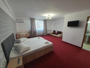une chambre d'hôtel avec un lit et un canapé dans l'établissement BON TON Residence, à Drobeta-Turnu Severin
