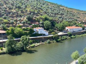an aerial view of a house next to a river at Cantinho D'Os Reais in Pinhão