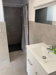 a bathroom with a sink and a shower at Mount Beauty Motor Inn in Mount Beauty