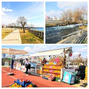 a collage of three pictures of a fruit stand at plt homes great home near the whaterfeal and beach cool location in Antalya