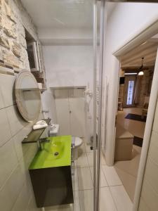 W łazience znajduje się zielona umywalka i lustro. w obiekcie NJ Corfu Liston Apartments w Korfu