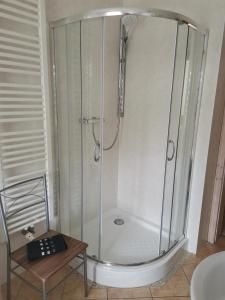 a shower with a glass enclosure in a bathroom at Alleeblick in Ballenstedt