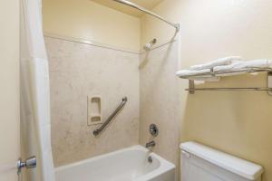 a bathroom with a shower and a toilet and a sink at Econo Lodge Vicksburg in Vicksburg +8 photos