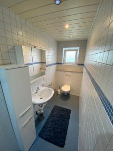 La salle de bains est pourvue d'un lavabo, de toilettes et d'un miroir. dans l'établissement Gemütliches Appartement - WBS, à Goldkronach