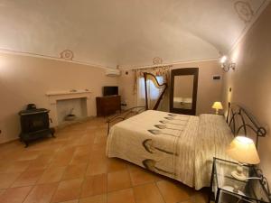 1 dormitorio con 1 cama grande y chimenea en Bed and Breakfast La Volpe tra le Vigne, en Castelnuovo Don Bosco