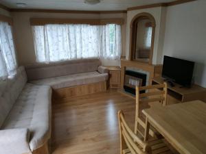 a living room with a couch and a television and a table at 4U Pokój w domku holenderskim Rooms in Tinyhouse in Zgorzelec
