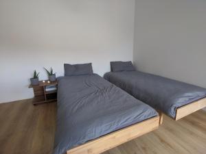 a bedroom with two beds and a night stand at Ideales Messe Appartment 15min Fahrtweg in Kirchheim unter Teck
