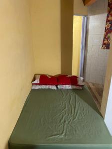 uma cama verde num quarto com duas almofadas vermelhas em Hospedagem Mariano em Arraial do Cabo