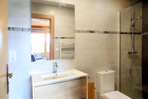 ein Bad mit einem WC, einem Waschbecken und einer Dusche in der Unterkunft Apartamentos Armua in Zugarramurdi
