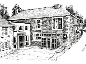 a black and white drawing of a building at The Britannia Inn & Waves Restaurant in Par