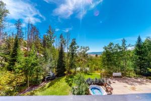 an aerial view of a yard with a hot tub at Scandinavian Lodge in Steamboat Springs