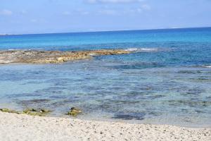 una playa con rocas en el agua y el océano en Apartamentos Cas Xurrac, en Es Caló