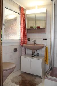 a bathroom with a sink and a toilet and a mirror at Apartment Alpentraum by Interhome in Saas-Grund