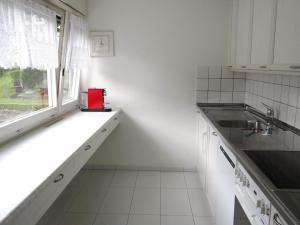 eine weiße Küche mit einem Fenster und einem Waschbecken in der Unterkunft Apartment Alte Gasse 9 by Interhome in Engelberg