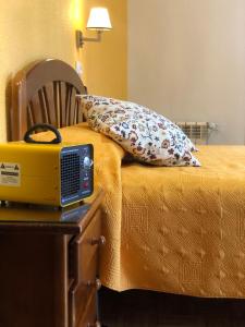a bedroom with a bed with a pillow and a radio at Hostal Edreira in Madrid