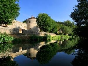 uma vista para um rio com um castelo ao fundo em Coté-Serein La Privilège de la Tour Madame em Noyers-sur-Serein