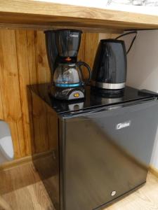 uma máquina de café sentada em cima de um frigorífico em Kamienica Bydgoska 2 em Bydgoszcz