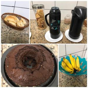 a collage of pictures with a chocolate cake and a coffee mug at Pousada Vila Pitanga in Santos