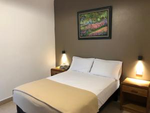 a bedroom with a white bed with two night stands at Hostel Inn in San Miguel de Allende