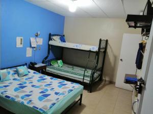 een slaapkamer met 2 stapelbedden en een blauwe muur bij Hotel Pacífico in Guayaquil