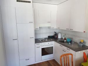 Biała kuchnia z białymi szafkami i zlewem w obiekcie Apartment Fellenrüti 82 by Interhome w mieście Engelberg