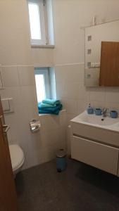 a bathroom with a sink and a toilet and a window at Ruhige Wohnung bei der Burg im OG2 in Kröllwitz