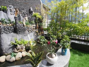 Un jardín con plantas en macetas sobre una mesa. en INDO Serviced Apartment, en Ho Chi Minh