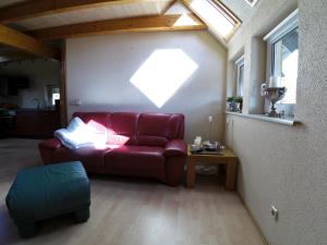 a living room with a red couch and a window at Ferienwohnung Zündholz in Benneckenstein