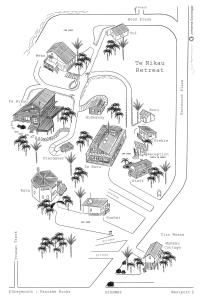 a map of a resort with palm trees and buildings at Te Nikau Retreat in Punakaiki