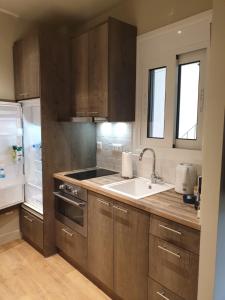 a kitchen with wooden cabinets and a sink and a refrigerator at Newly Renovated Studio 15 min walk from Acropolis in Athens