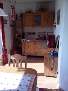 a kitchen with wooden cabinets and a table at Ferienwohnung Fabricio in Dolní Lánov