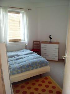 a bedroom with a bed and a dresser and a window at Ferienwohnung Fabricio in Dolní Lánov