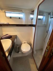 ein kleines Badezimmer mit Toilette und Waschbecken in der Unterkunft TraumZeitBoot Amavida Yacht auf dem Scharmützelsee Bad Saarow in Bad Saarow + 32 Fotos