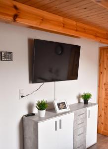a flat screen tv on a wall in a living room at Ferienwohnung Zum Steinberg in Bredstedt