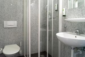 a bathroom with a sink, toilet and shower at Hotel Stans-Süd in Stans