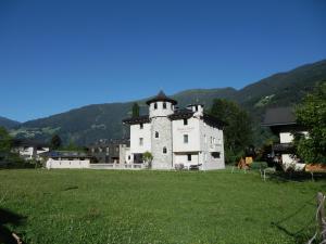 ein altes Gebäude auf einem Feld mit Bergen im Hintergrund in der Unterkunft Schloßburg Reiserhof in Zell am Ziller