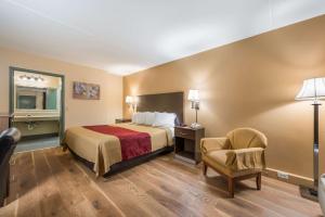 Econo Lodge Cullman في كولمان: غرفه فندقيه بسرير وكرسي