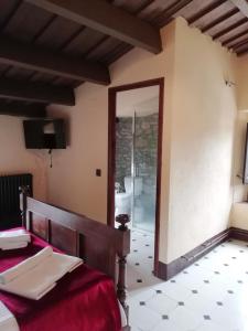 1 dormitorio con cama y espejo en Hostal Rural Mas Blanc, en Sant Martí de Centelles