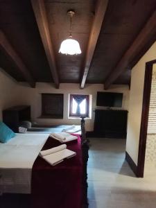 a bedroom with two beds and a ceiling with a light at Hostal Rural Mas Blanc in San Martín de Centellas