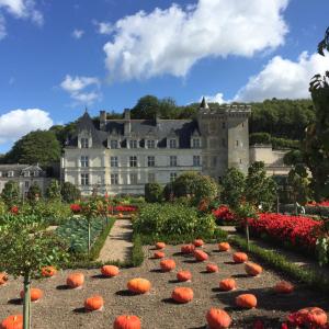 a large castle with pumpkins on the ground in front of a garden at L Ecrin, duplex classé 2 étoiles, au cœur de Villandry in Villandry