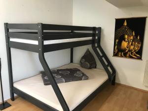 a black bunk bed in a room with a picture at Stadtdschungel FeWo mit Balkon in Cottbus