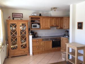 a kitchen with wooden cabinets and a counter top at Filzsteinalpe Hochkrimml in Krimml