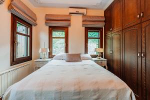 1 dormitorio con 1 cama grande y 2 ventanas en Elysian Luxury Villa Pelion en Tsagarada