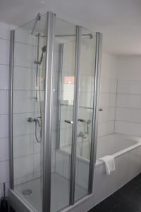 a shower with a glass door next to a bath tub at Wohnen am Schloss, Herzog in Sondershausen