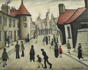 a painting of people walking down a street at 3 Braehead in Thurso
