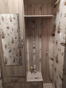 een badkamer met een douche en een spiegel bij Элегантная двухкомнатная квартира в центре in Novorossiejsk