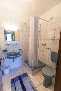 a bathroom with a shower and a toilet and a sink at Villa Lesic in Dramalj