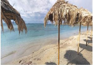 a beach with a straw umbrella and the ocean at Galini Palace in Athens