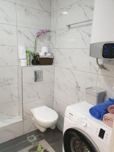 a white bathroom with a toilet and a washing machine at M & M White Luxury in Paralia Katerinis